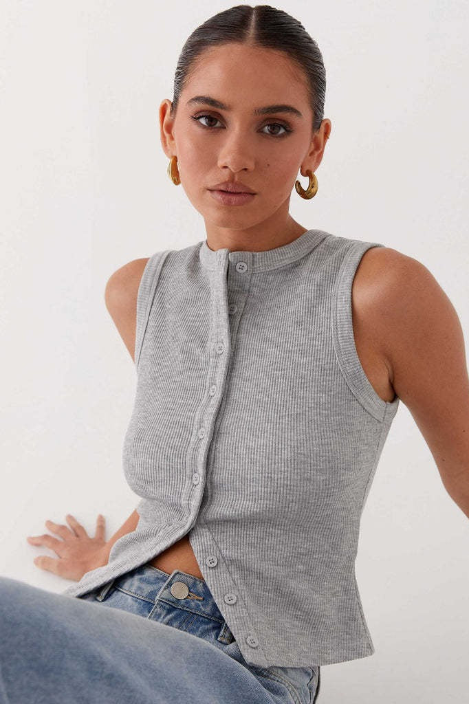 Round Neck Button Detail Ribbed Slim Tank Top