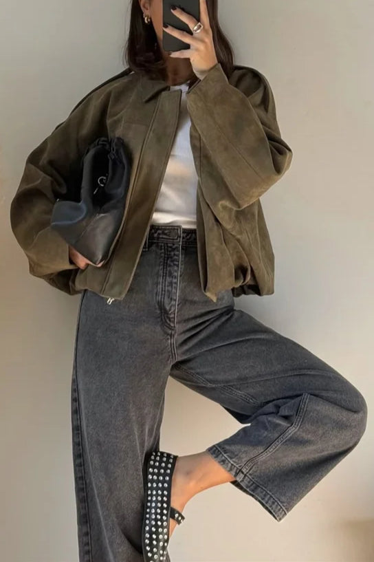 Suede Cropped Zip-Up Jacket
