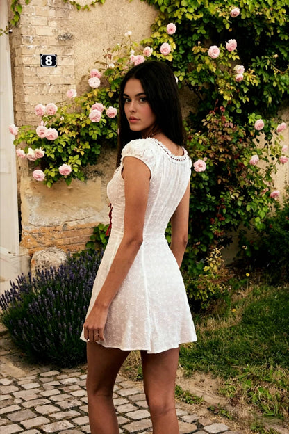 Eyelet Lace Up Deep V-Neck Cap Sleeve Corset Mini Dress