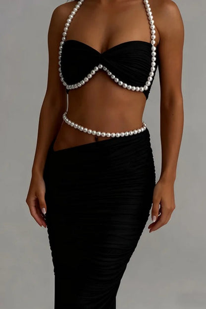 Imalia Stretch Mesh Pearl Trim Gathered Tank and Detachable Belt Vacation Maxi Skirt Set