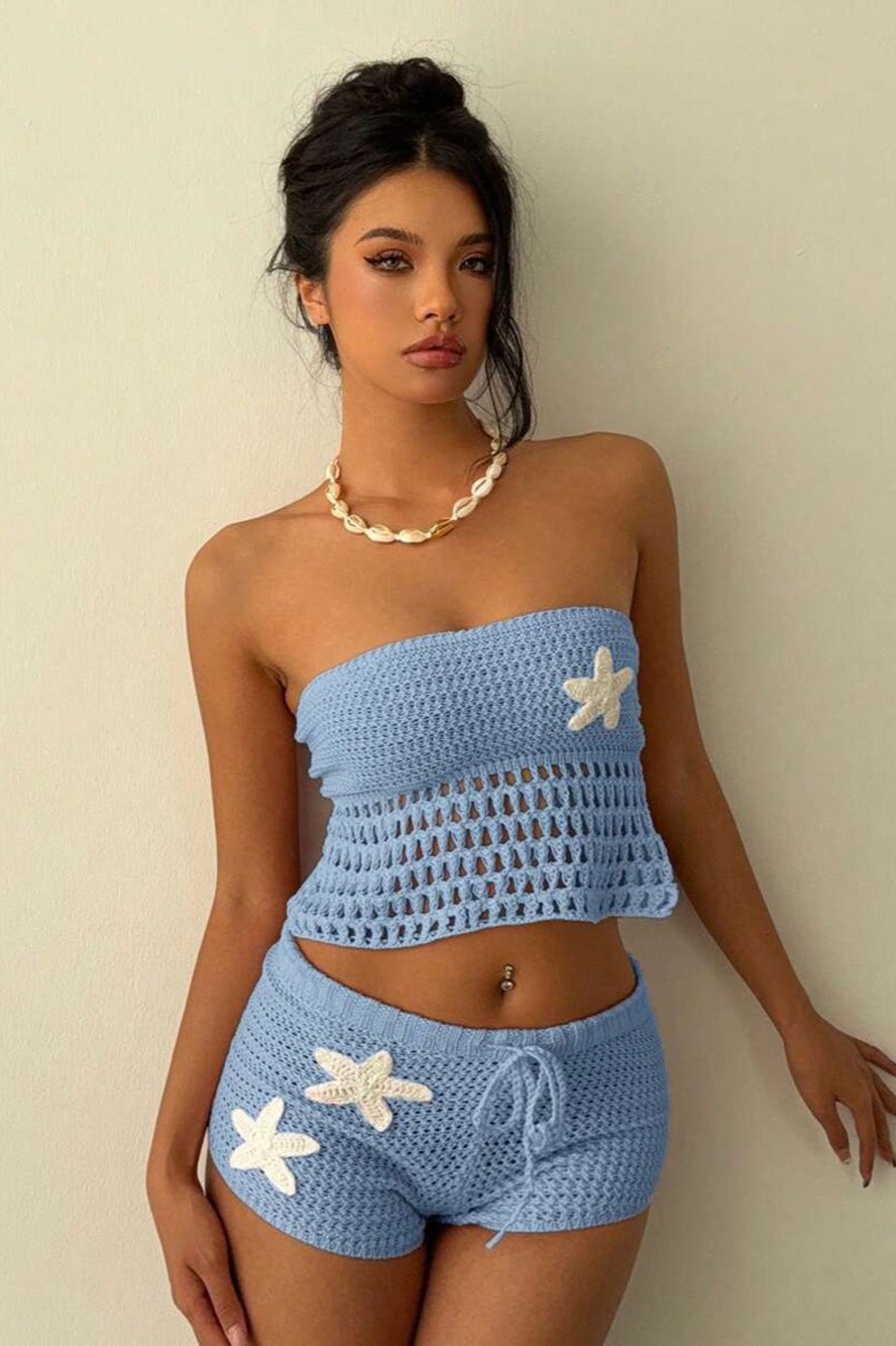 Floral Knit Crochet Crop Bodycon Shorts Set
