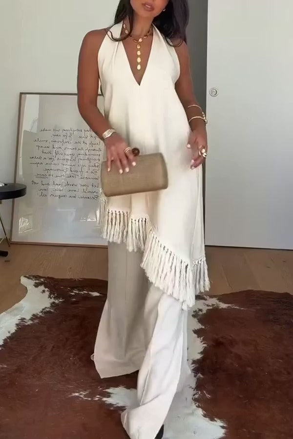 Kortnie Linen Blend Tassel Hem Halter A-line Top and High Rise Pocket Wide Leg Slit Pants Set