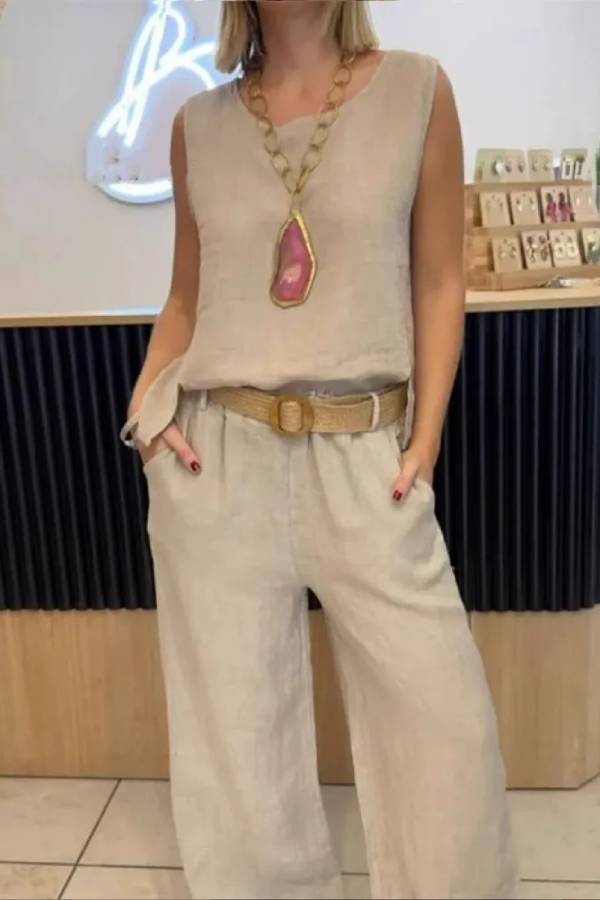 Cotton and linen solid color sleeveless trousers two-piece suit