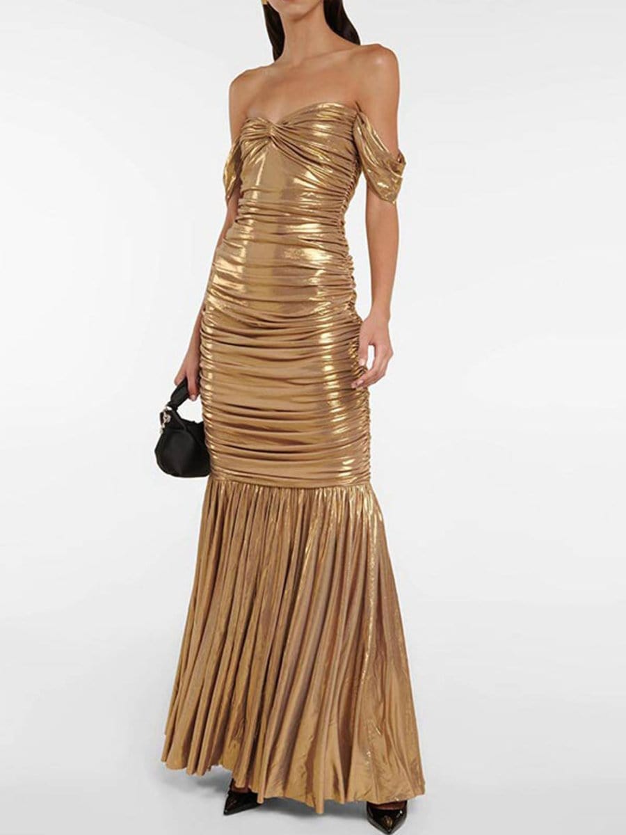 Gold Off Shoulder Sweetheart Twist Knot Ruched Mermaid Pleated Maxi Gown