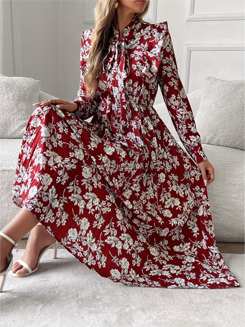 Red Floral Print Pussy Bow Neck Long Sleeve Pleated Midi Dress