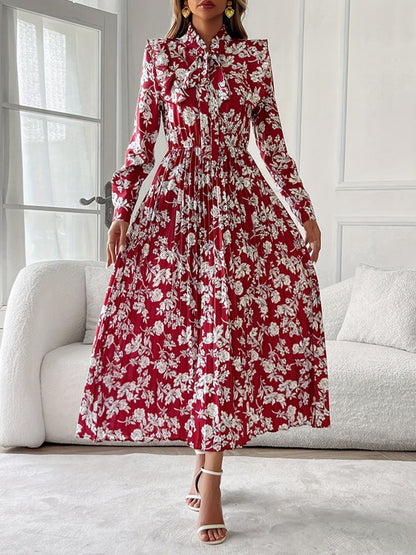 Red Floral Print Pussy Bow Neck Long Sleeve Pleated Midi Dress