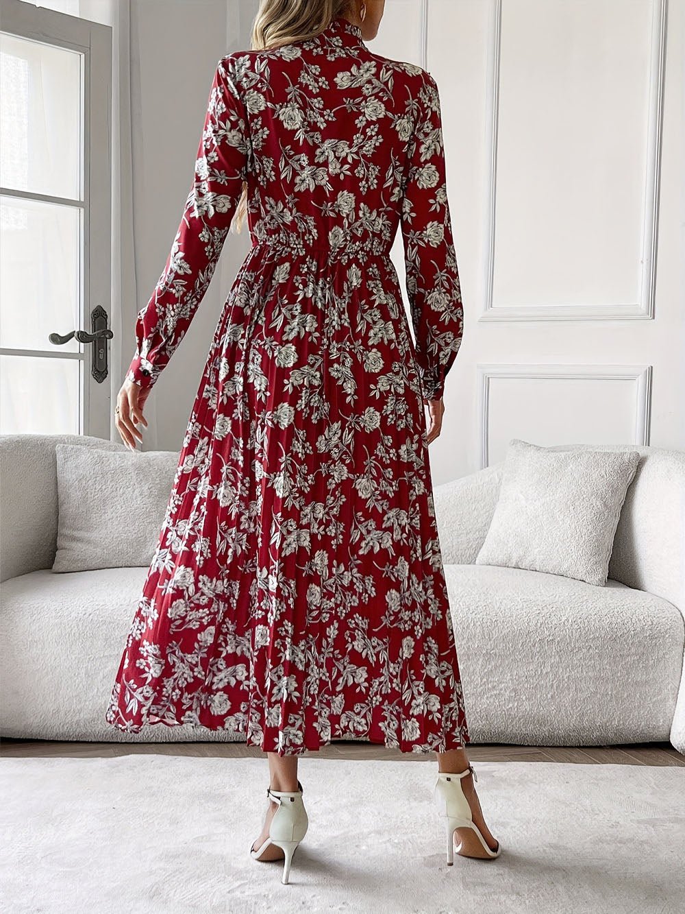 Red Floral Print Pussy Bow Neck Long Sleeve Pleated Midi Dress