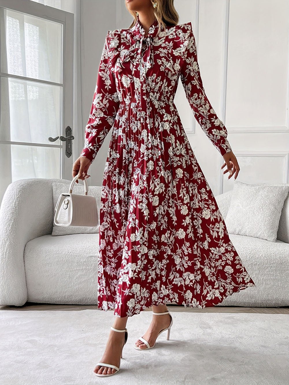 Red Floral Print Pussy Bow Neck Long Sleeve Pleated Midi Dress