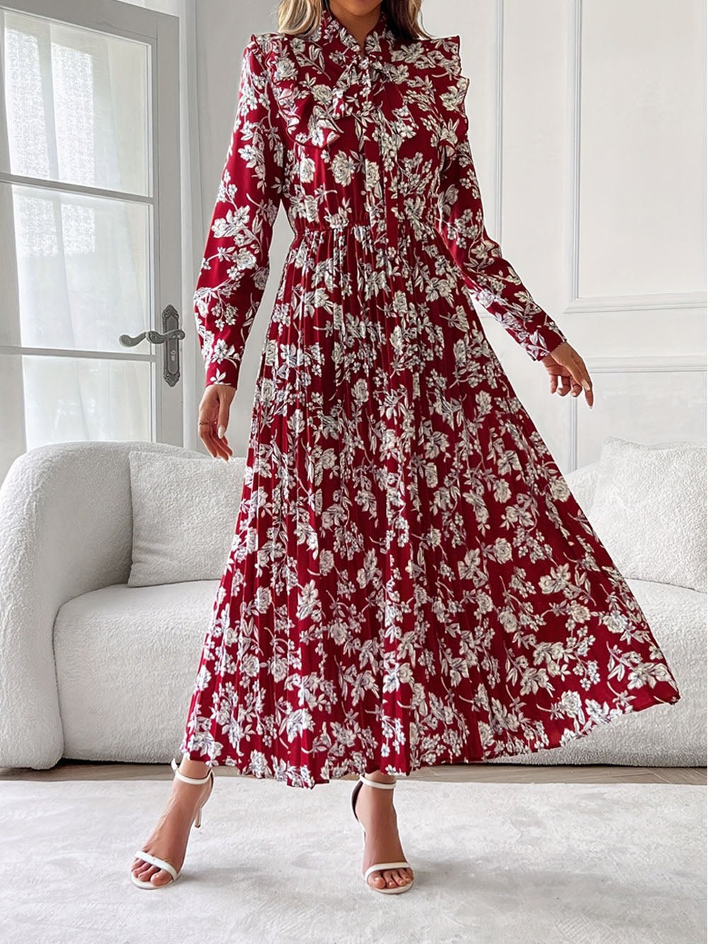 Red Floral Print Pussy Bow Neck Long Sleeve Pleated Midi Dress