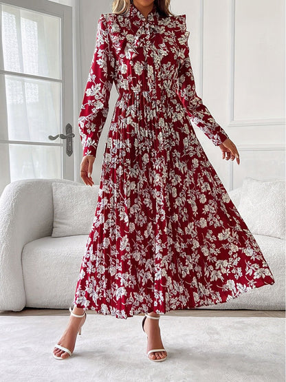 Red Floral Print Pussy Bow Neck Long Sleeve Pleated Midi Dress