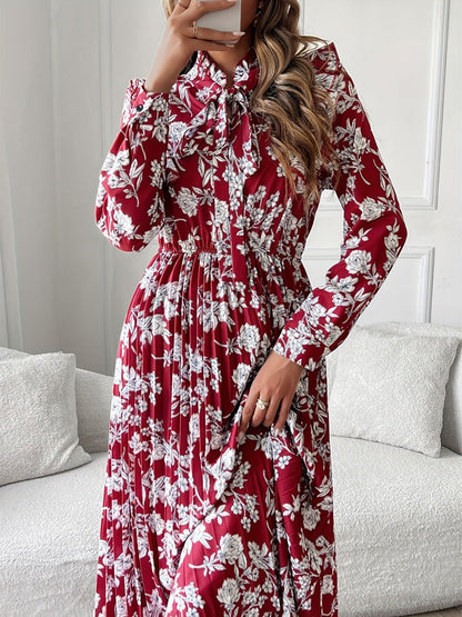 Red Floral Print Pussy Bow Neck Long Sleeve Pleated Midi Dress