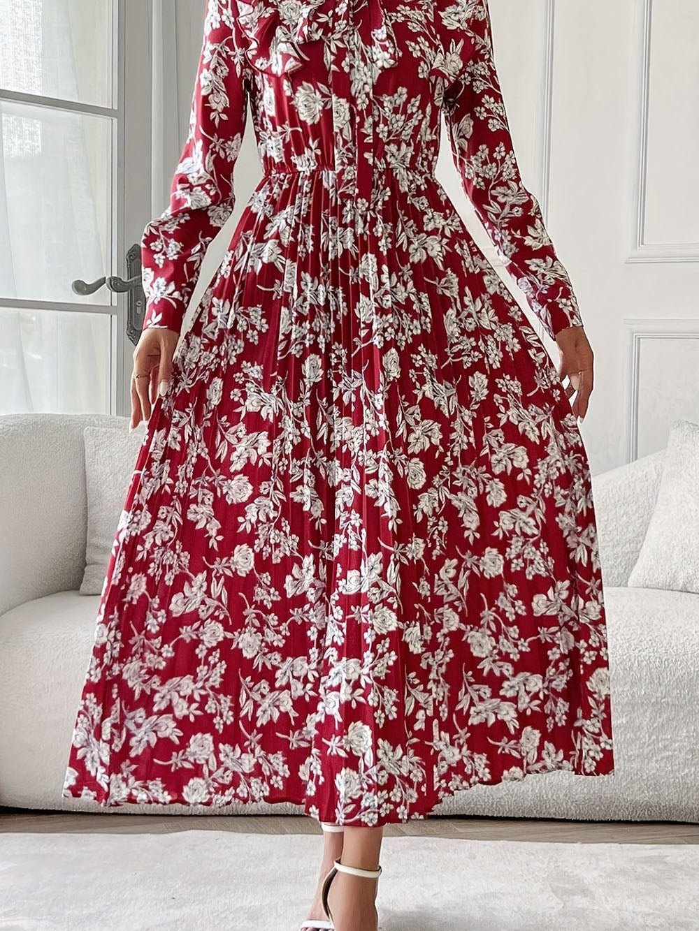 Red Floral Print Pussy Bow Neck Long Sleeve Pleated Midi Dress