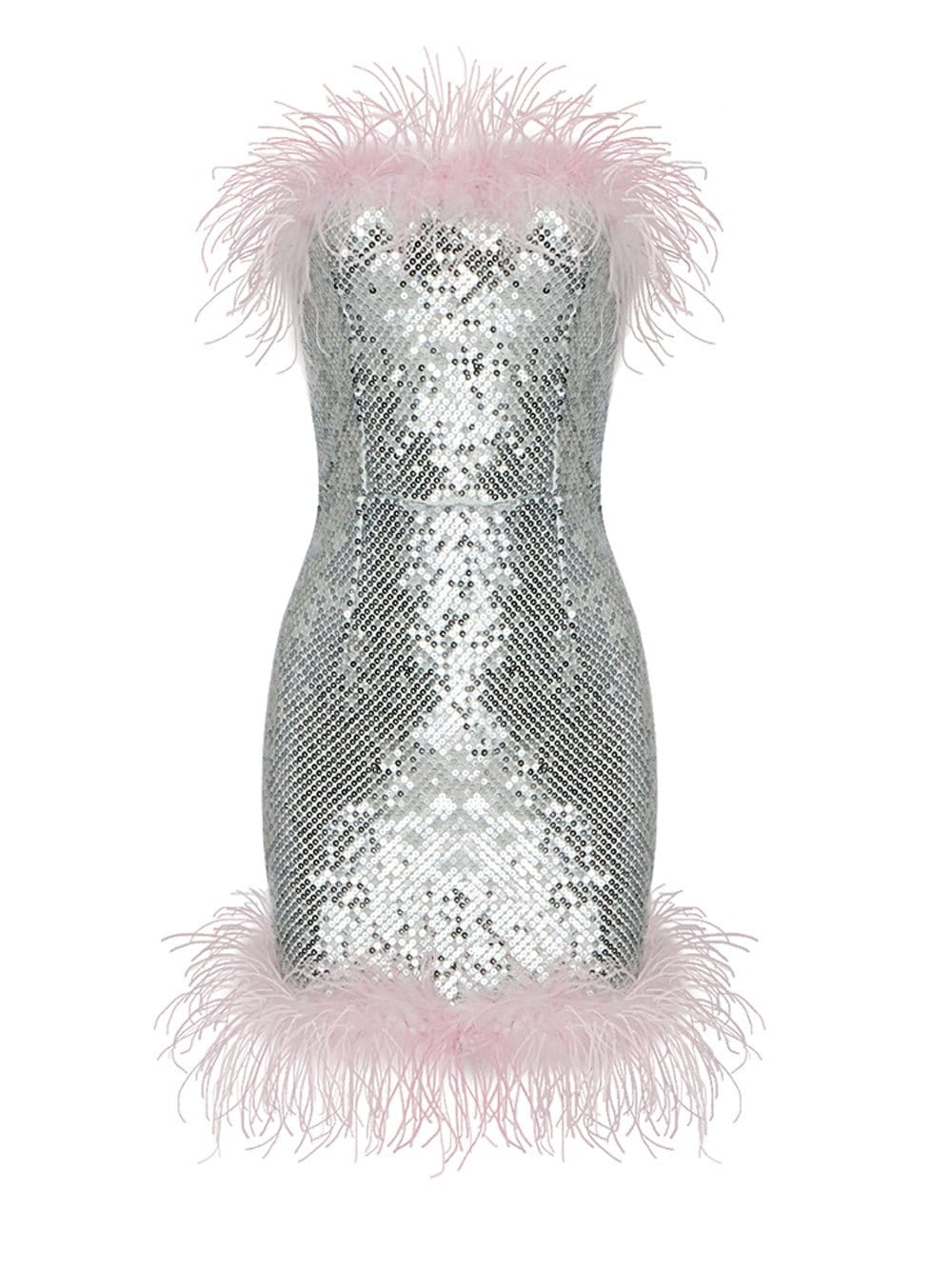 Silver Sequin Strapless Feather Trim Neckline and Hem Bodycon Mini Dress