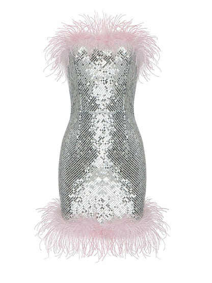 Silver Sequin Strapless Feather Trim Neckline and Hem Bodycon Mini Dress