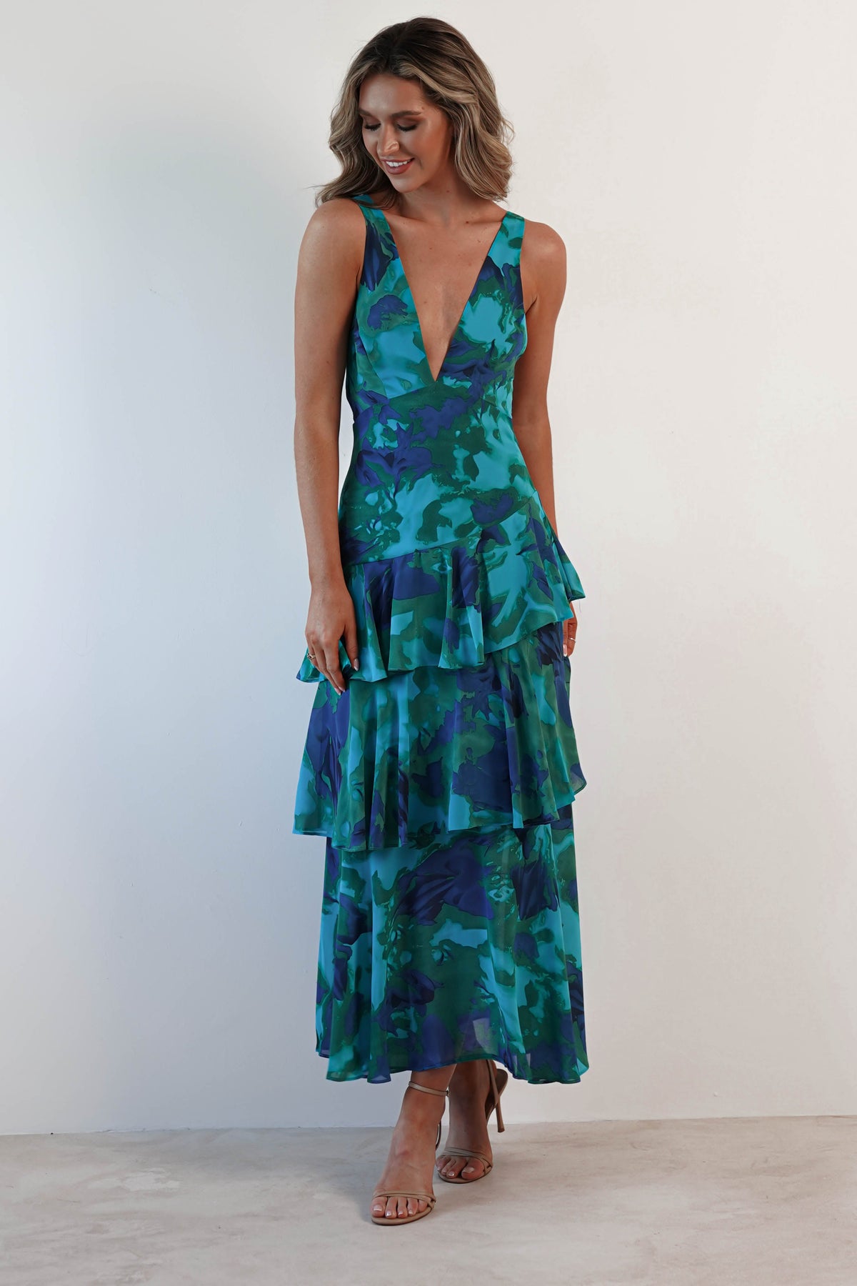 Floral Print Deep V Neck Tiered Ruffle Maxi Dress