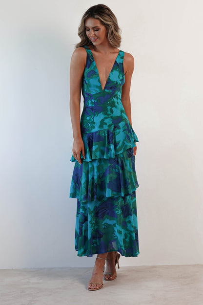 Floral Print Deep V Neck Tiered Ruffle Maxi Dress