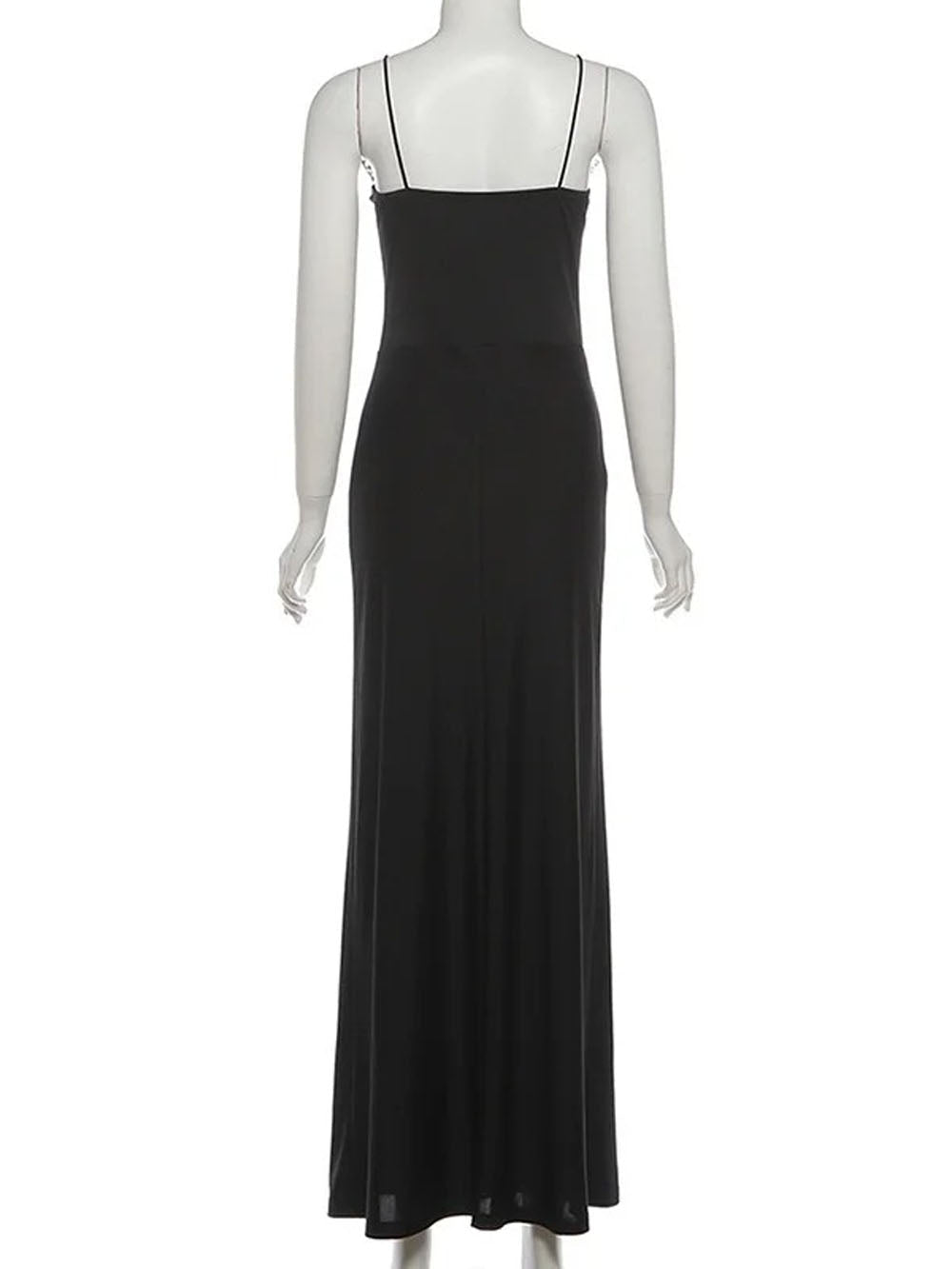 Black Lace Trim Spaghetti Strap Deep V-Neck Satin Maxi Dress