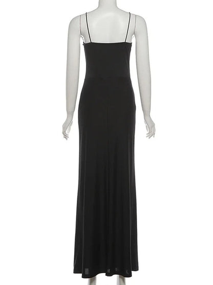 Black Lace Trim Spaghetti Strap Deep V-Neck Satin Maxi Dress