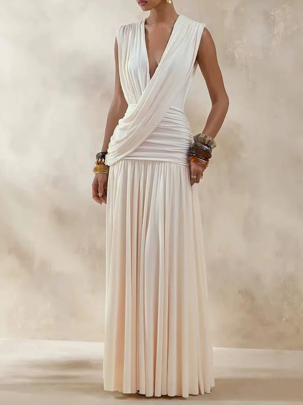 Jersey Deep V-Neck Wide Strap Sleeveless Asymmetric Draped Wrap Ruched Waist Gathered Pleated Maxi Dress