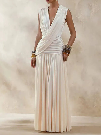 Jersey Deep V-Neck Wide Strap Sleeveless Asymmetric Draped Wrap Ruched Waist Gathered Pleated Maxi Dress