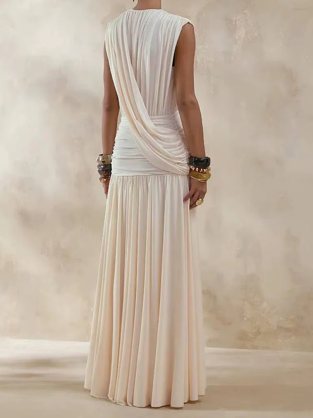 Jersey Deep V-Neck Wide Strap Sleeveless Asymmetric Draped Wrap Ruched Waist Gathered Pleated Maxi Dress