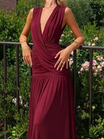 Jersey Deep V-Neck Wide Strap Sleeveless Asymmetric Draped Wrap Ruched Waist Gathered Pleated Maxi Dress