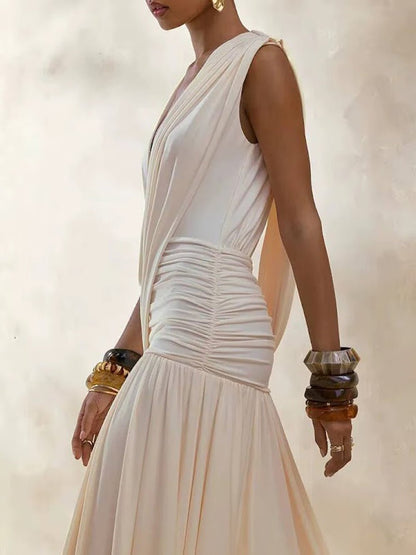 Jersey Deep V-Neck Wide Strap Sleeveless Asymmetric Draped Wrap Ruched Waist Gathered Pleated Maxi Dress