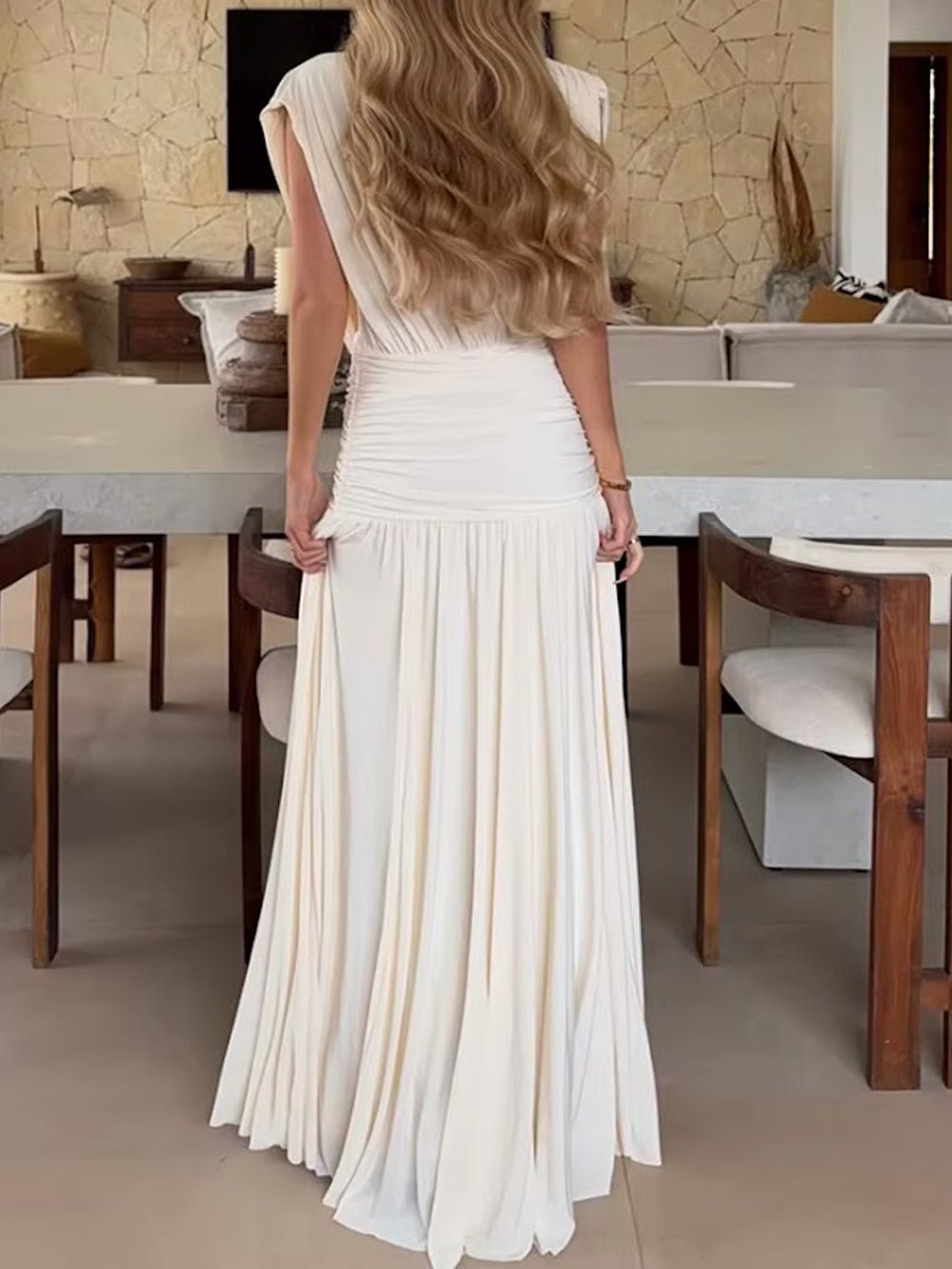 Jersey Deep V-Neck Wide Strap Sleeveless Asymmetric Draped Wrap Ruched Waist Gathered Pleated Maxi Dress