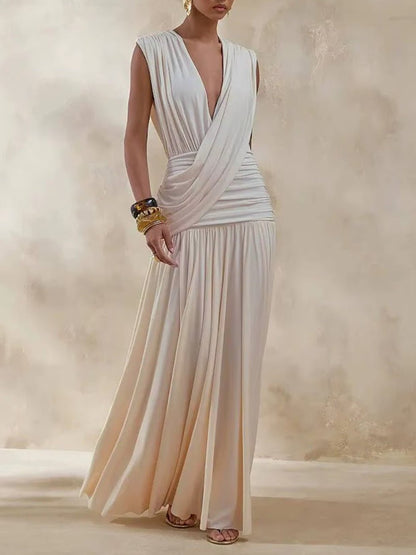 Jersey Deep V-Neck Wide Strap Sleeveless Asymmetric Draped Wrap Ruched Waist Gathered Pleated Maxi Dress