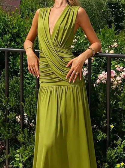Jersey Deep V-Neck Wide Strap Sleeveless Asymmetric Draped Wrap Ruched Waist Gathered Pleated Maxi Dress