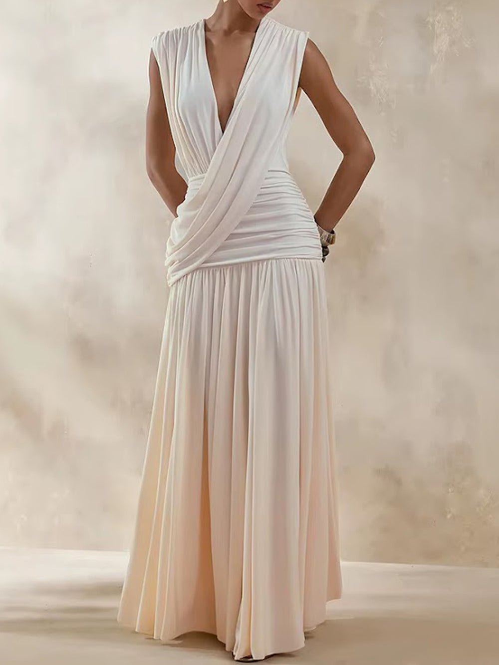 Jersey Deep V-Neck Wide Strap Sleeveless Asymmetric Draped Wrap Ruched Waist Gathered Pleated Maxi Dress