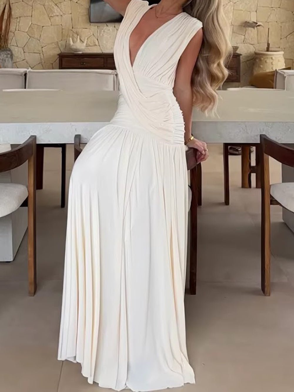 Jersey Deep V-Neck Wide Strap Sleeveless Asymmetric Draped Wrap Ruched Waist Gathered Pleated Maxi Dress