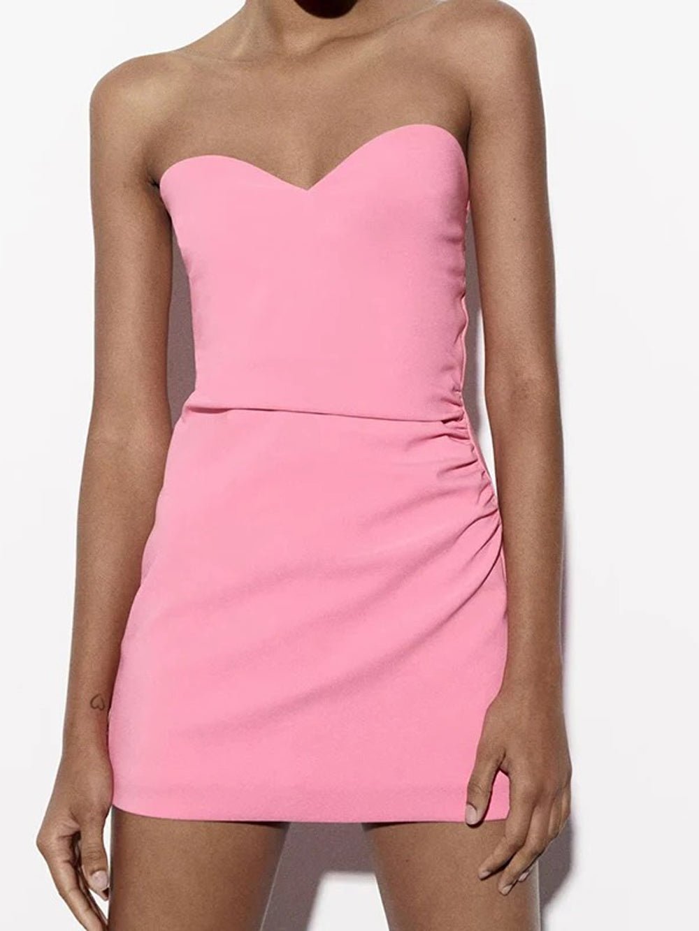 Pink Strapless Sweetheart Ruched Side Panel Bodycon Mini Dress