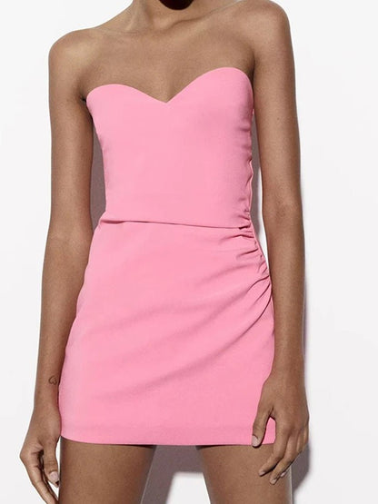 Pink Strapless Sweetheart Ruched Side Panel Bodycon Mini Dress