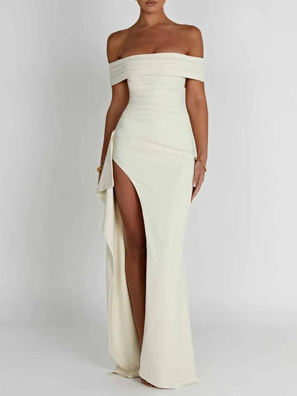 Off Shoulder High Split Draped Panel Bodycon Maxi Dress