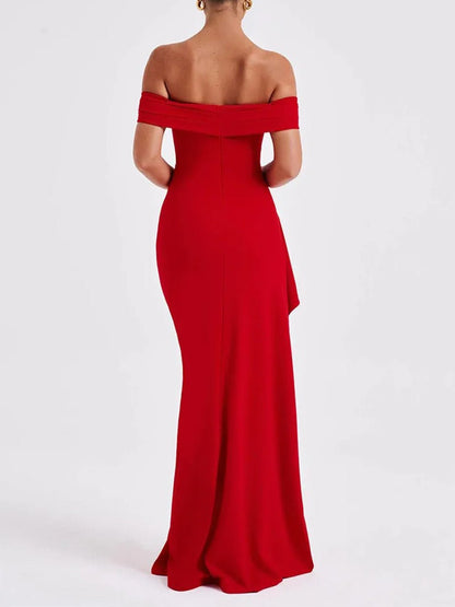 Off Shoulder High Split Draped Panel Bodycon Maxi Dress