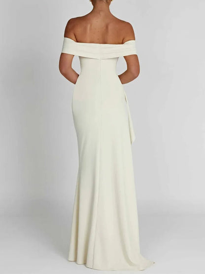 Off Shoulder High Split Draped Panel Bodycon Maxi Dress