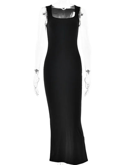 Square Neck Wide Strap Bodycon Column Maxi Dress