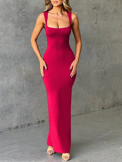 Square Neck Wide Strap Bodycon Column Maxi Dress