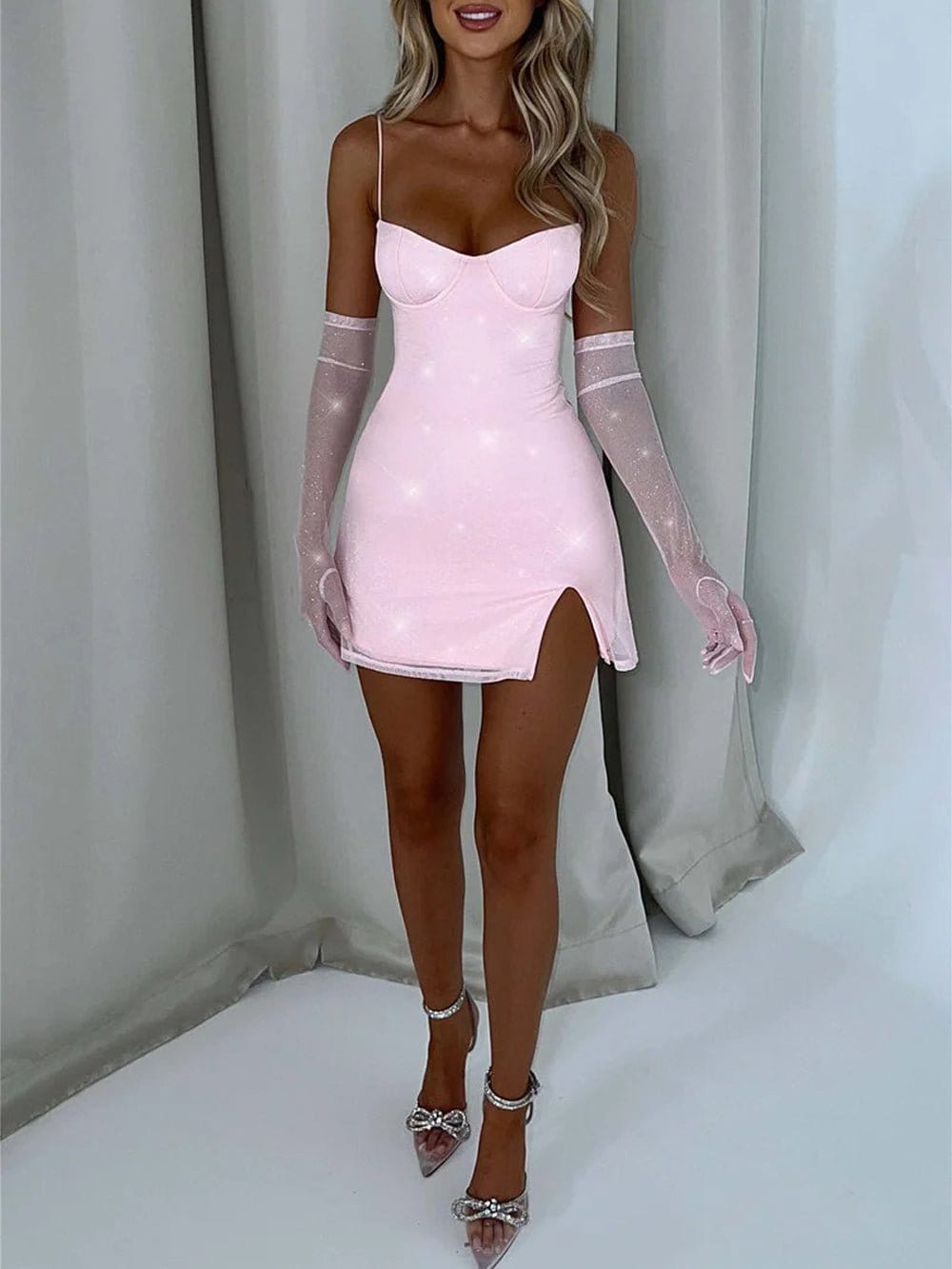 Glitter Mesh Sweetheart Spaghetti Strap Bodycon Mini Dress