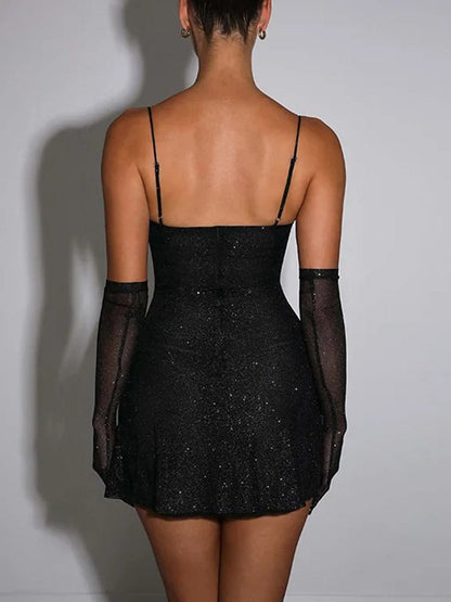 Glitter Mesh Sweetheart Spaghetti Strap Bodycon Mini Dress