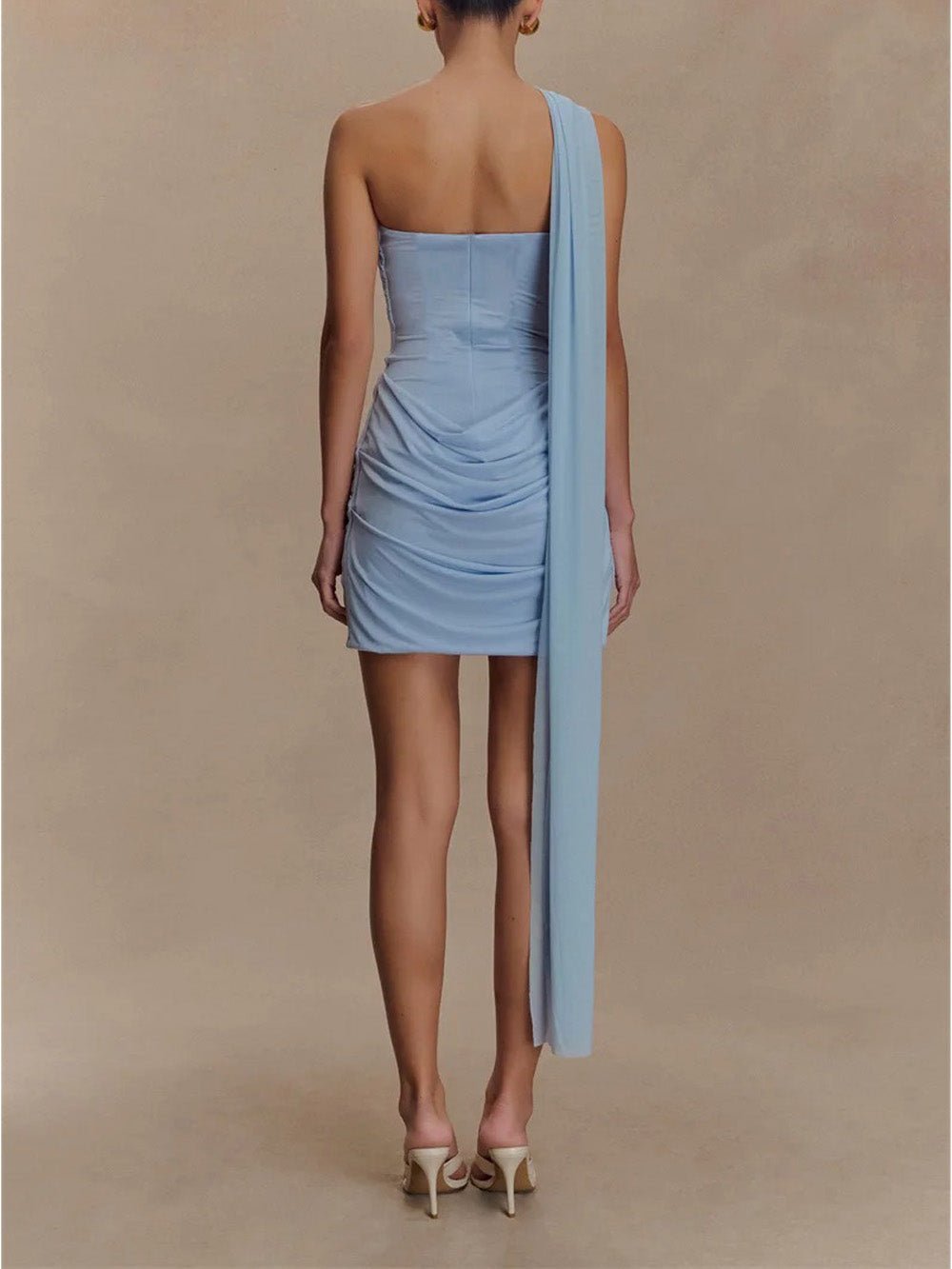 Blue Mesh Panel One Shoulder Corset Seam Ruched Bodycon Mini Dress