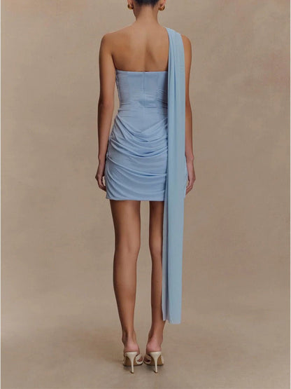 Blue Mesh Panel One Shoulder Corset Seam Ruched Bodycon Mini Dress