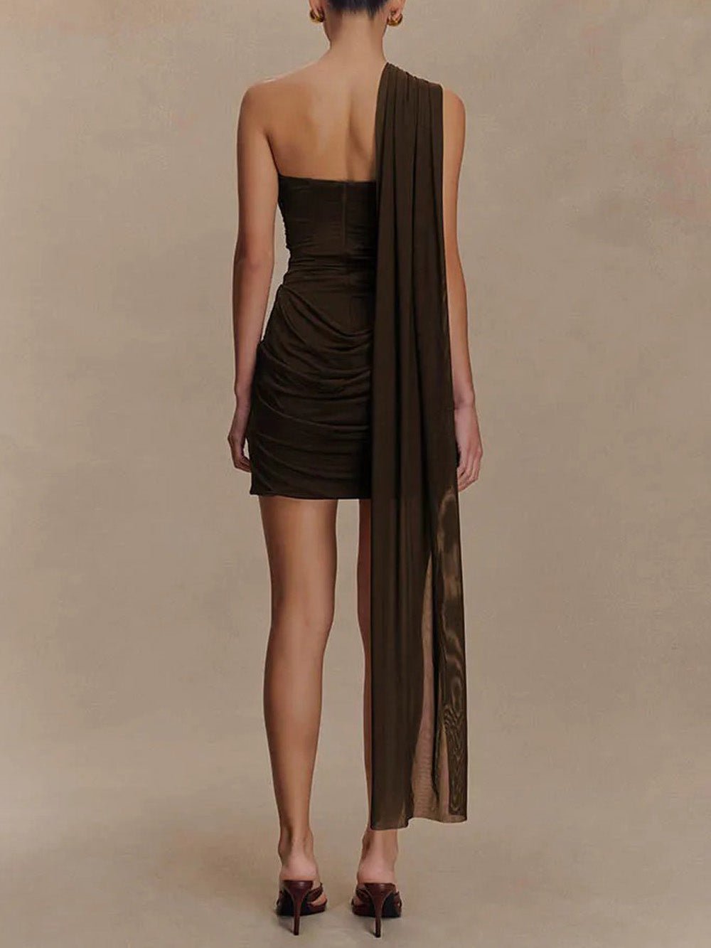 Brown One Shoulder Cut Out Corset Bodice Ruched Sash Train Mini Dress