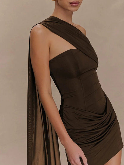 Brown One Shoulder Cut Out Corset Bodice Ruched Sash Train Mini Dress