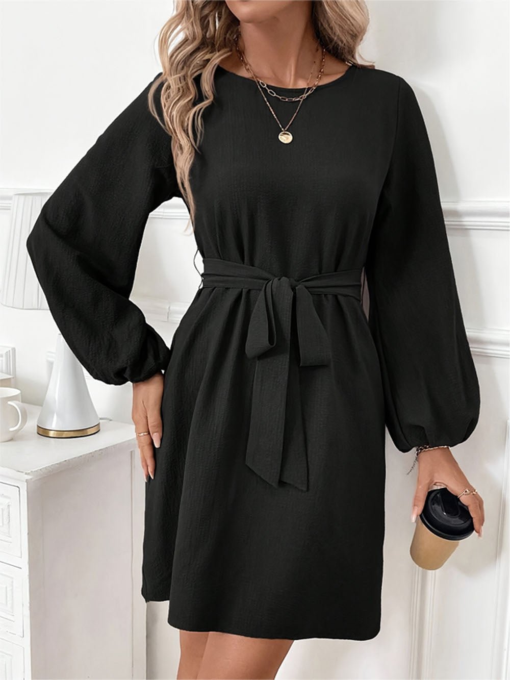 Black Crew Neck Bishop Sleeve Tie Waist Shift Mini Dress