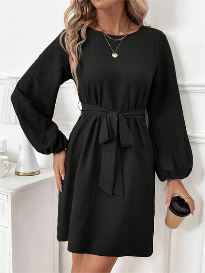 Black Crew Neck Bishop Sleeve Tie Waist Shift Mini Dress