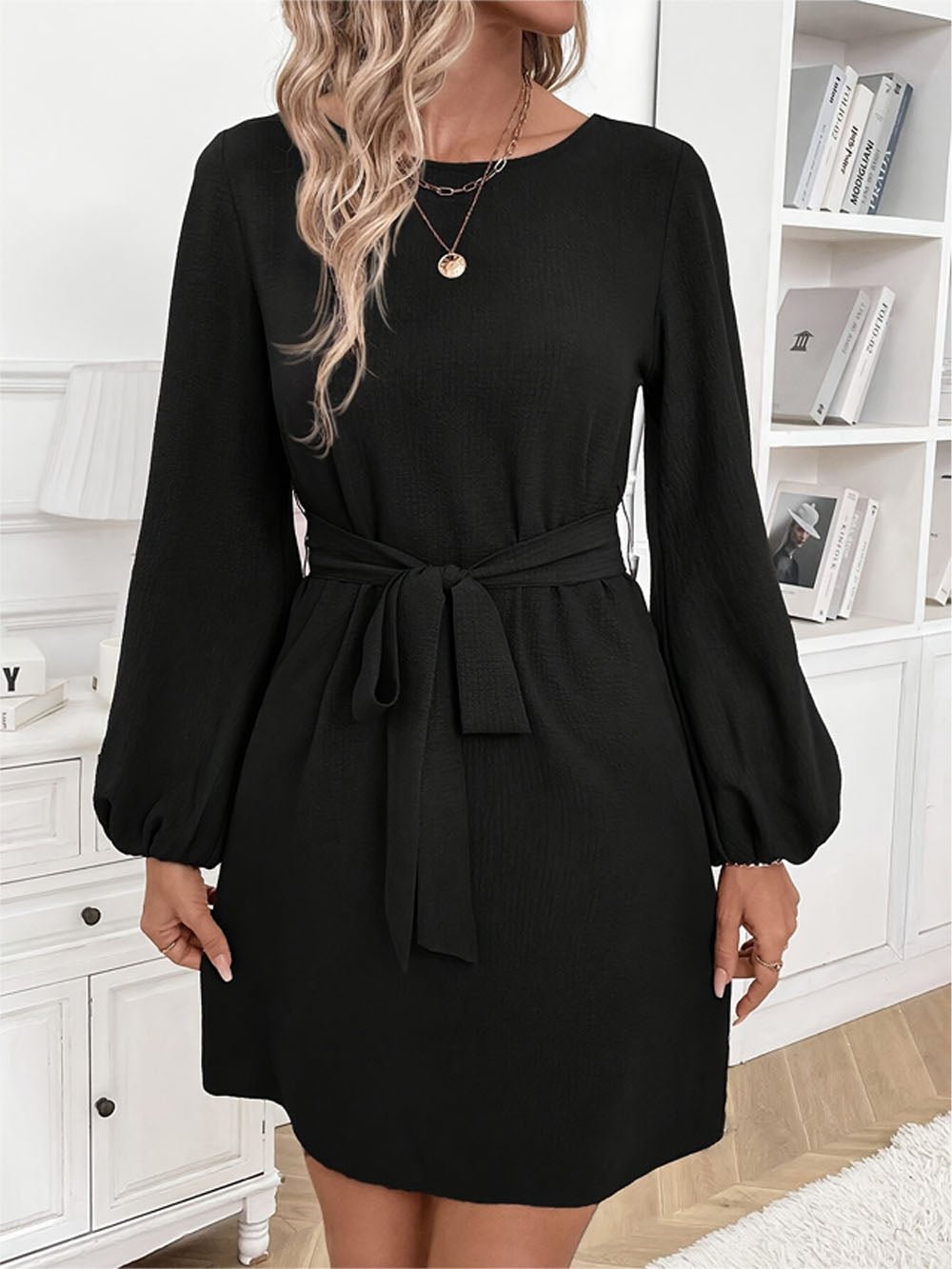 Black Crew Neck Bishop Sleeve Tie Waist Shift Mini Dress