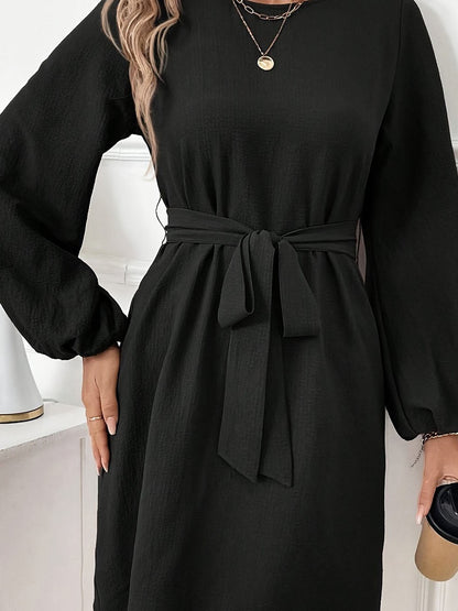 Black Crew Neck Bishop Sleeve Tie Waist Shift Mini Dress