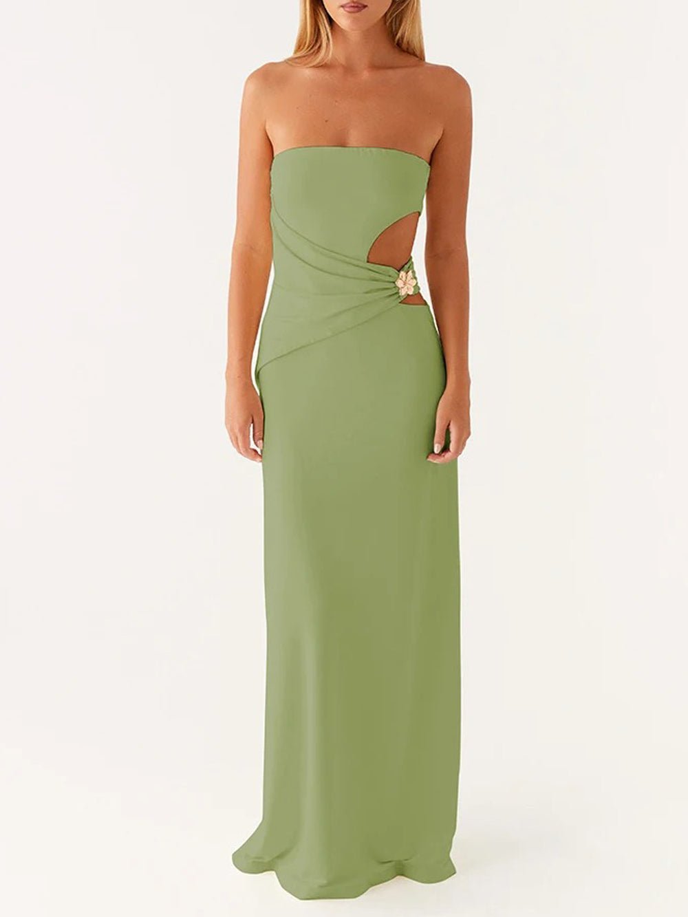 Strapless Side Cut Out Metal Hardware Bodycon Maxi Dress
